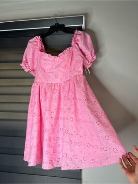 Forever 21 Pink Eyelet Midi Dress with Puff Sleeves